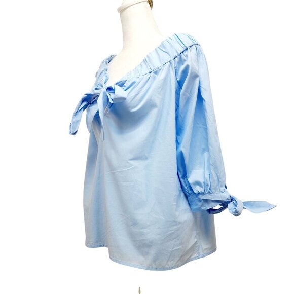 Light Blue Womens Off-Shoulder Blouse With Bow Tie Details & 3/4 Sleeves Size M - Picture 8 of 15